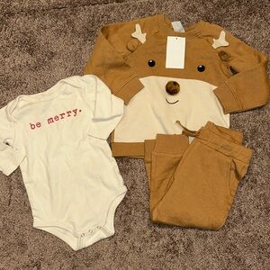 Tenth & pine “be merry” onesie and H&M reindeer 2 piece set 12/18m and 18m